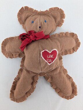 Vintage Fabric Brown Teddy Bear Plush 11" Stuffed Animal Love You Cut Sew Fringe